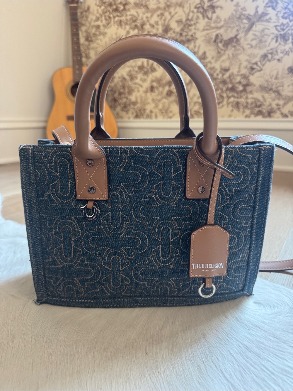 True Religion Blue Denim Satchel with Tan Leather Trim